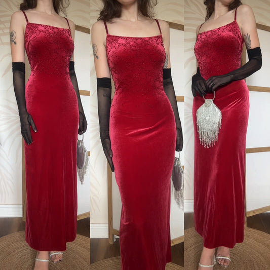 Red stretch beaded evening dress uk 14