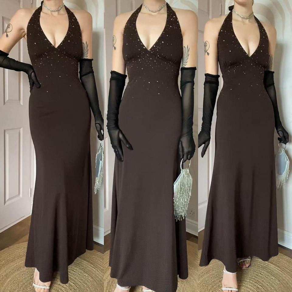 Brown Nightway halter-neck beaded dress UK 10