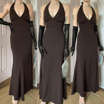 Brown Nightway halter-neck beaded dress UK 10