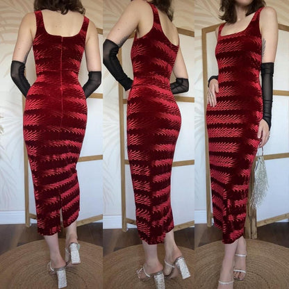 Red velvet stretch textured Bodycon midi dress uk 12