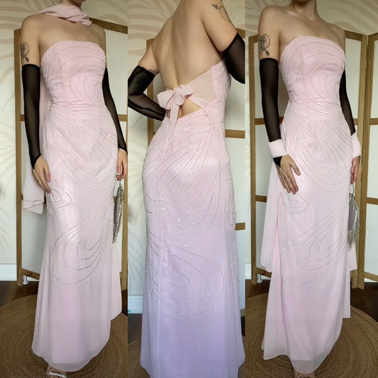 Light pink strapless beaded evening dress & shawl uk 14