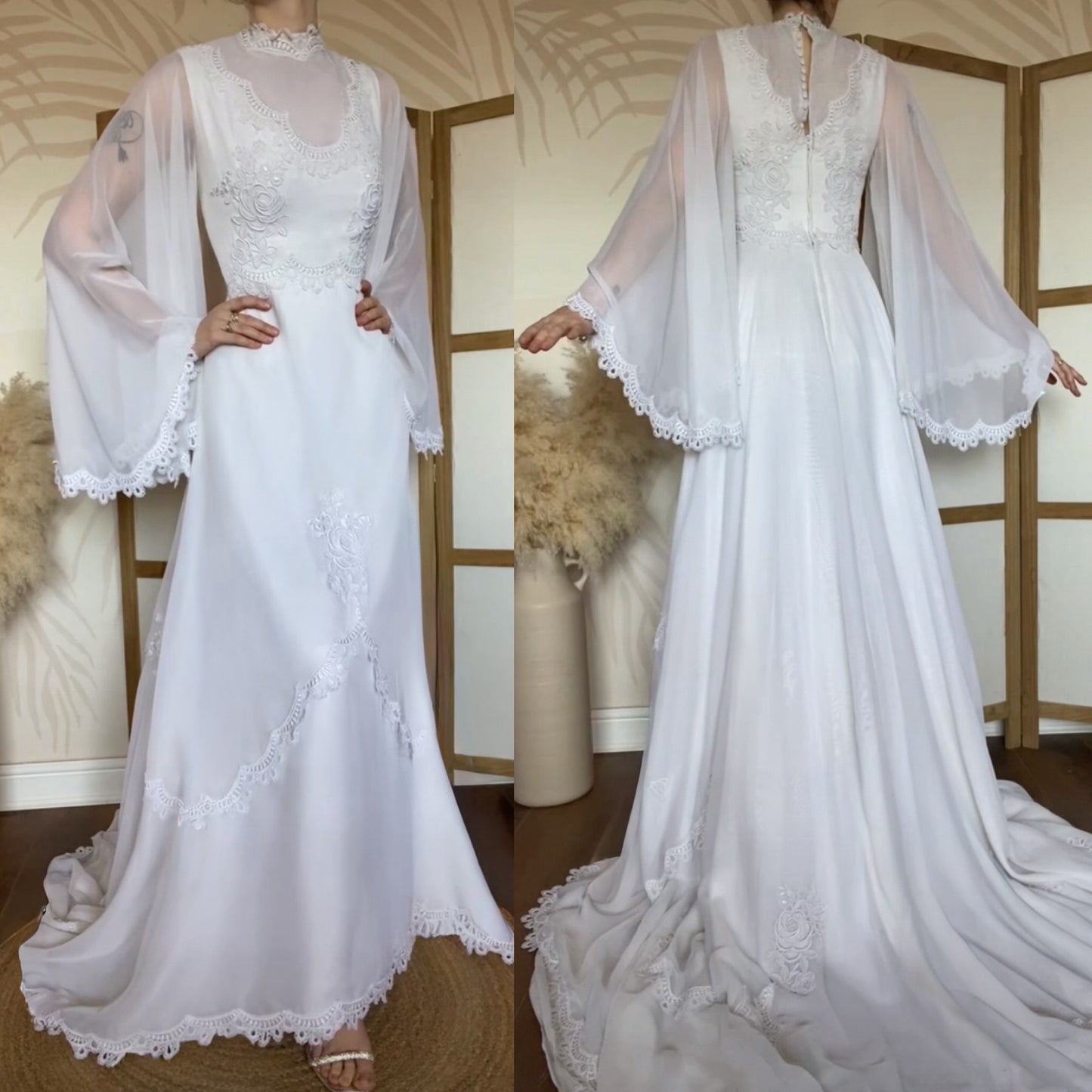 White 70s lace flared sleeve wedding dress uk 10-12