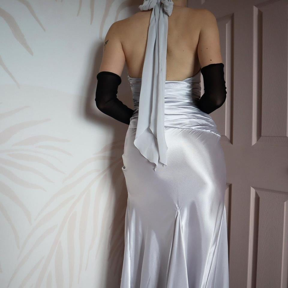 Silky silver halter neck evening gown UK 8