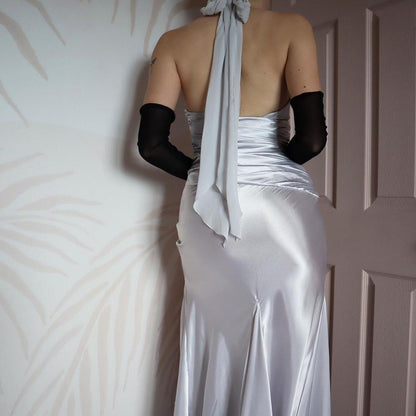Silky silver halter neck evening gown UK 8