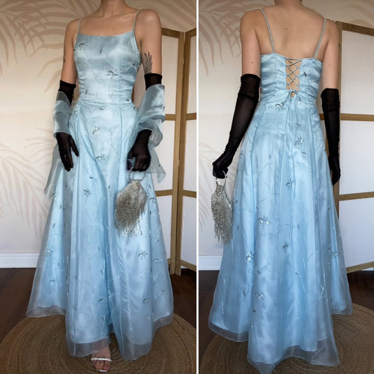 Light blue a-line organza beaded prom dress & shawl UK 12