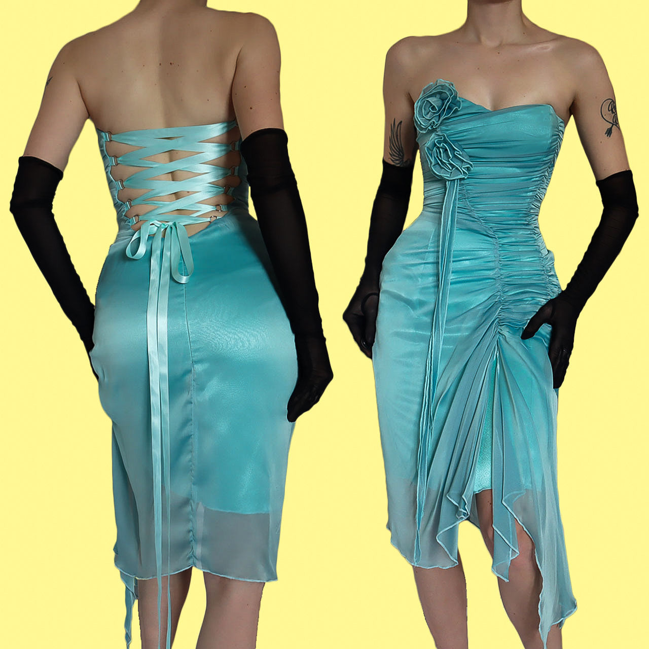 Blue strapless lace up evening midi dress UK 8-10