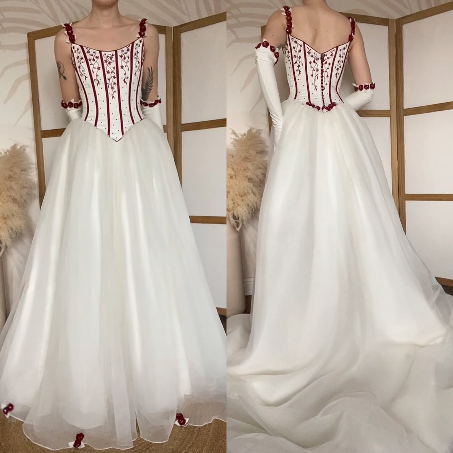 Gorgeous white & red wedding dress & gloves uk 10