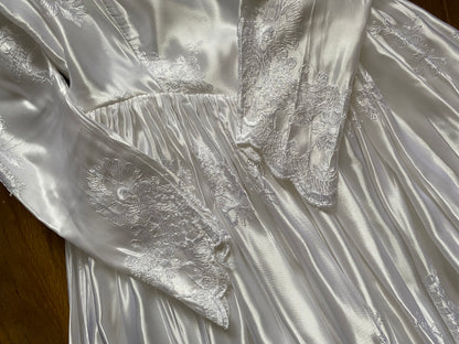 Bright white satin embroidered long sleeve wedding dress uk 8