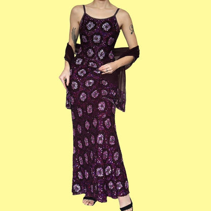 Purple Aftershock sequin 100% silk evening gown & shawl UK 10