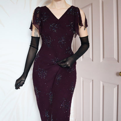 Purple beaded 100% silk evening gown UK 12