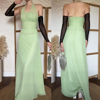 Green halter-neck chiffon evening dress uk 8