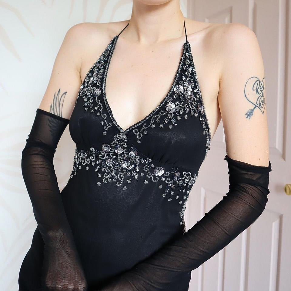Black beaded halter neck evening dress UK 14