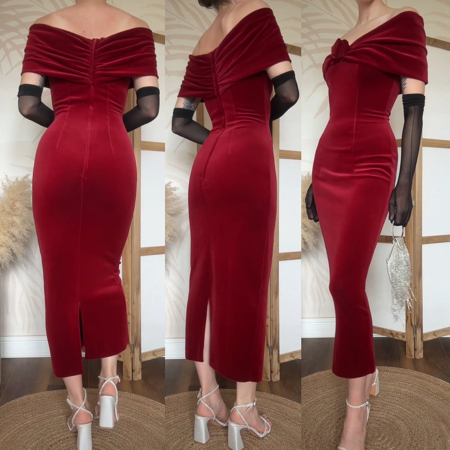 Red velvet petite off shoulder evening dress uk 8