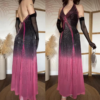 100% silk pink ombré halter neck evening dress uk 8