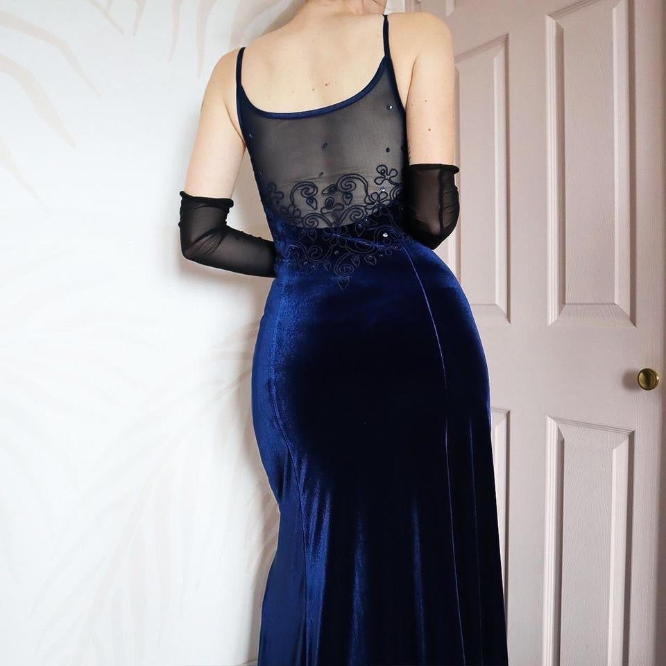 Gina Bacconi navy velvet stretch evening dress UK 12-14