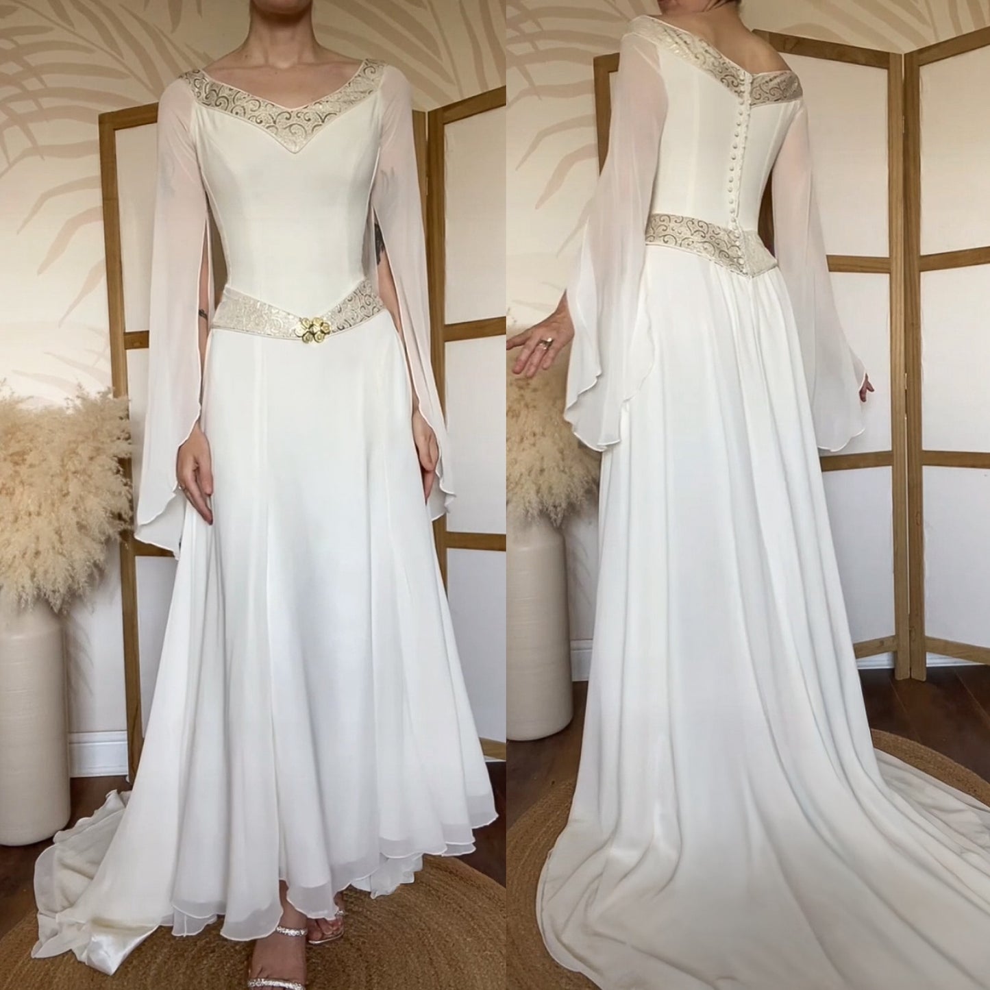 Ivory long sleeve medieval inspired wedding dress uk 10