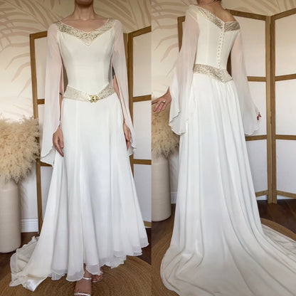 Ivory long sleeve medieval inspired wedding dress uk 10