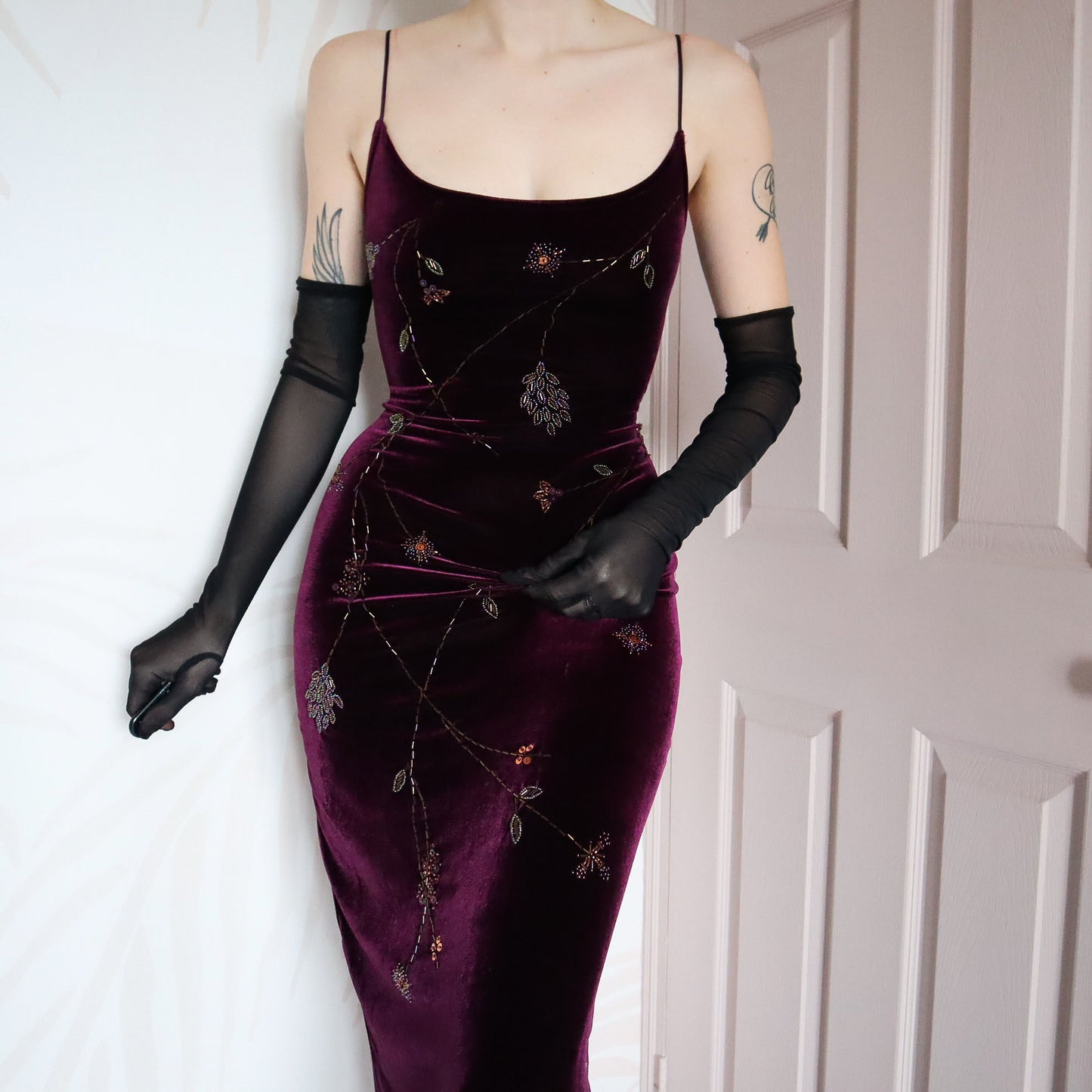 Dark purple velvet stretch beaded evening dress UK 12