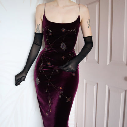 Dark purple velvet stretch beaded evening dress UK 12