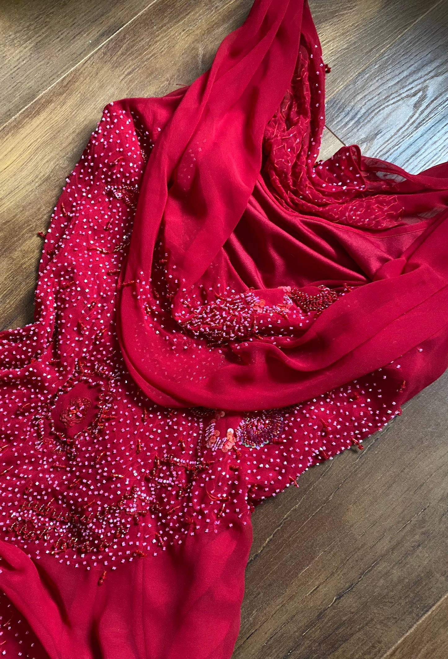 John Charles red beaded evening dress UK 12