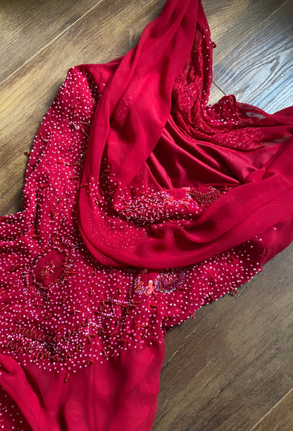 John Charles red beaded evening dress UK 12