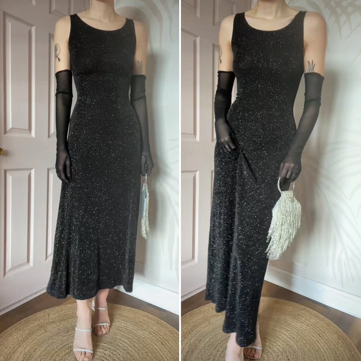 Black glittery stretch 90s evening dress UK 12