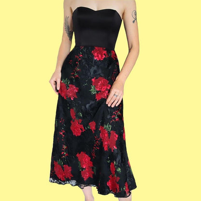 Black silk blend floral midi skirt UK 10
