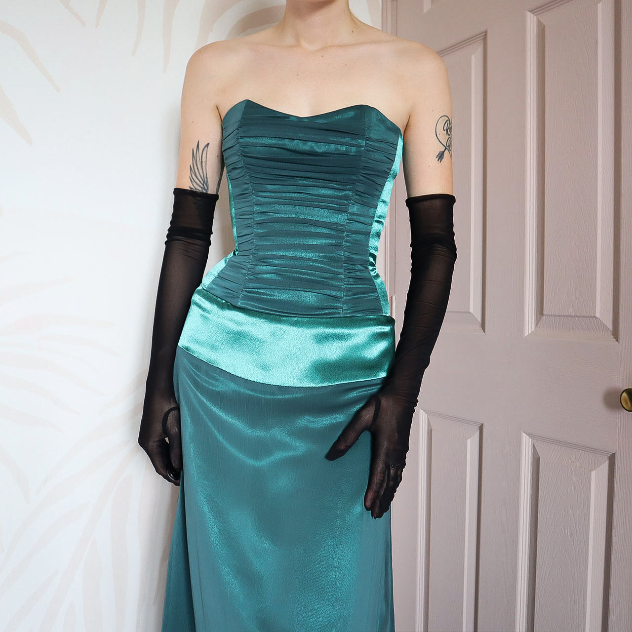 Green teal Charas strapless lace up gown UK 6/8