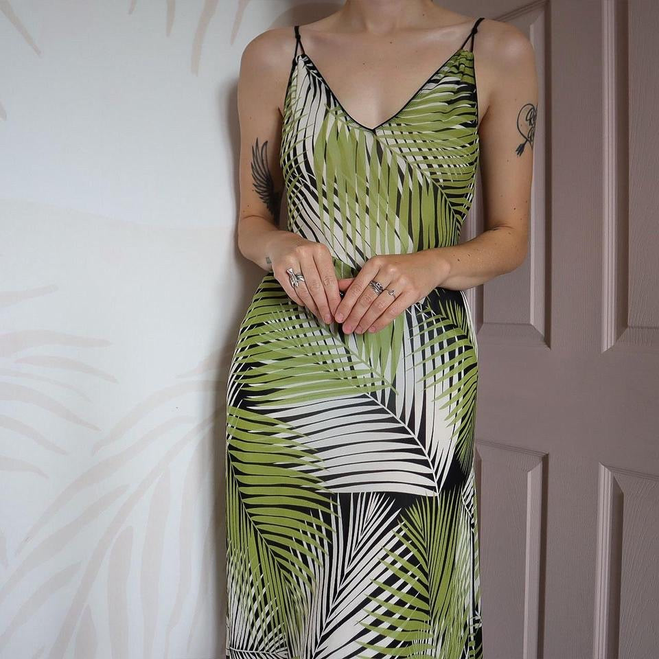 Green Planet 100% silk leaf print midi dress UK 12