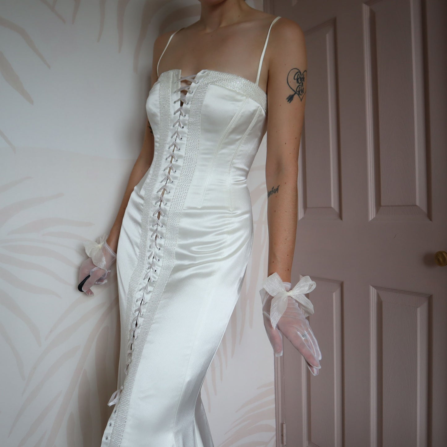 Ellis white corset beaded lace front wedding dress UK 12