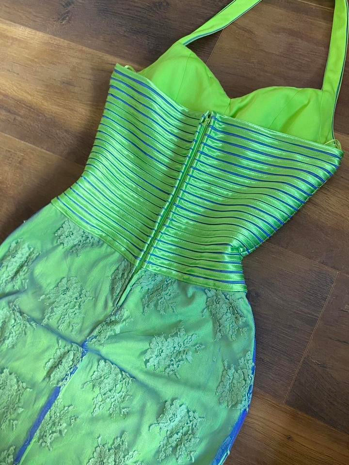 Electric green stretch lace halter-neck evening dress uk 12