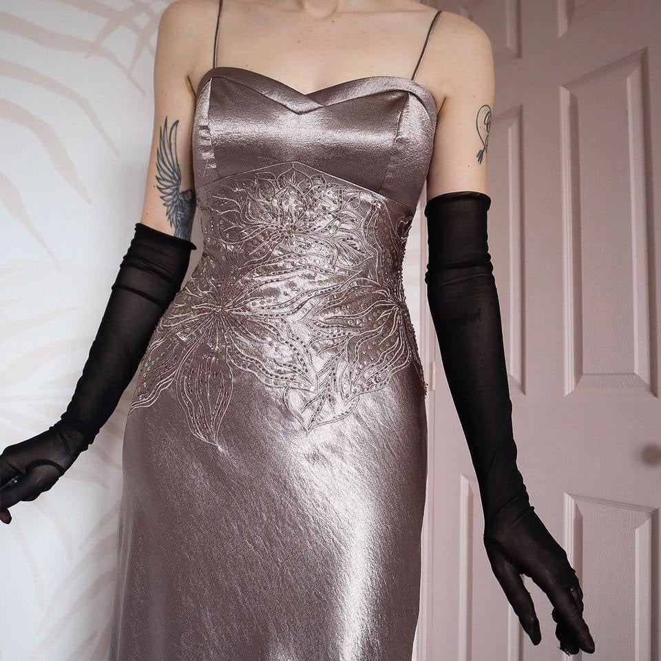 Niki Livas silver evening gown UK 12