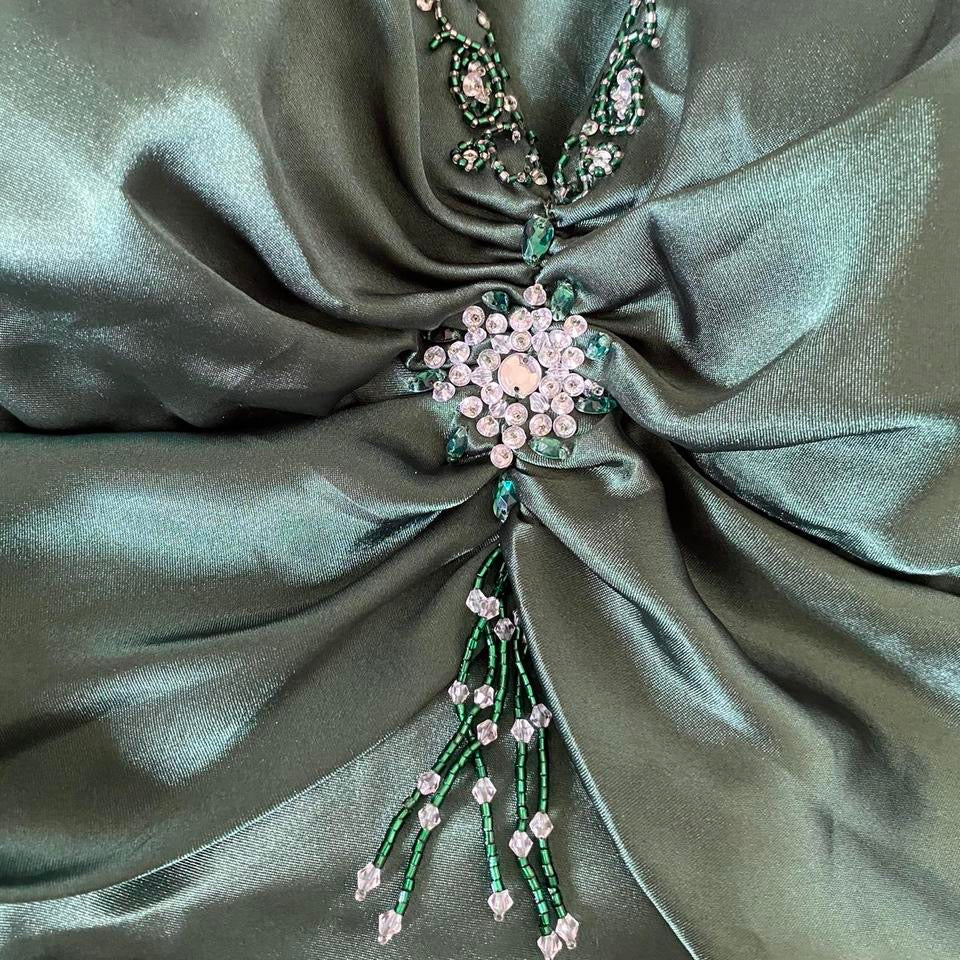 Green Vintage Niki Livas Satin Evening Gown Prom Dress UK Size 8