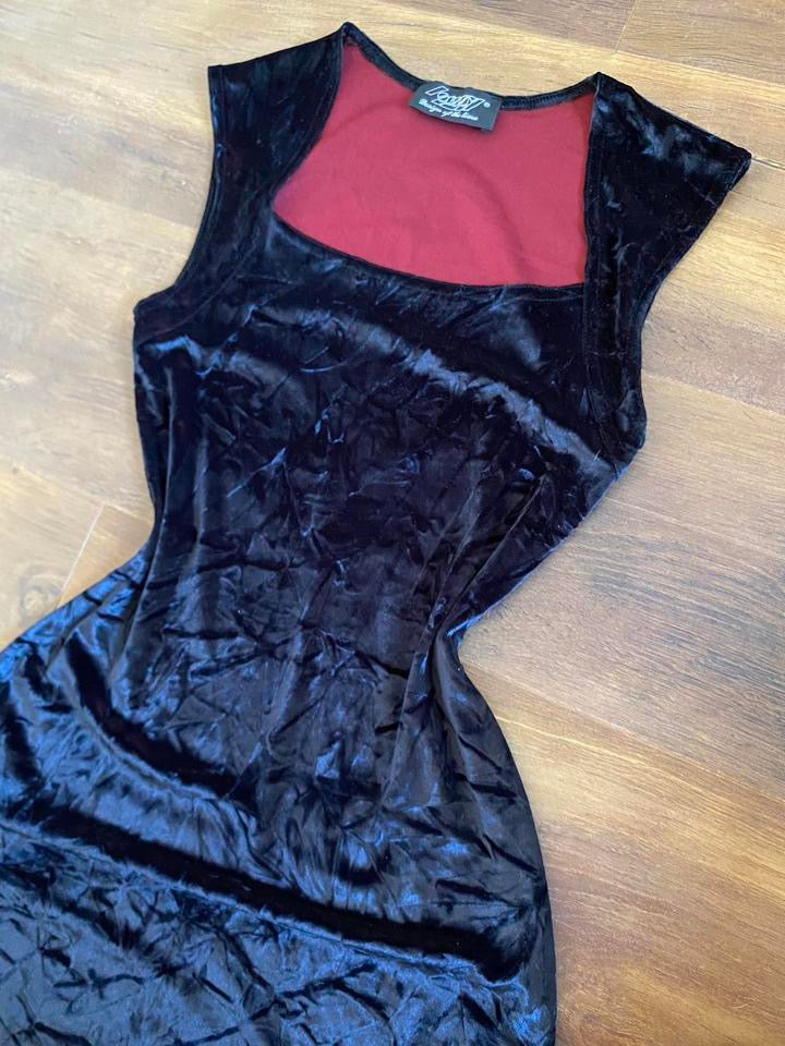 Black velvet stretch 90s crinkle texture slip dress uk 8-10