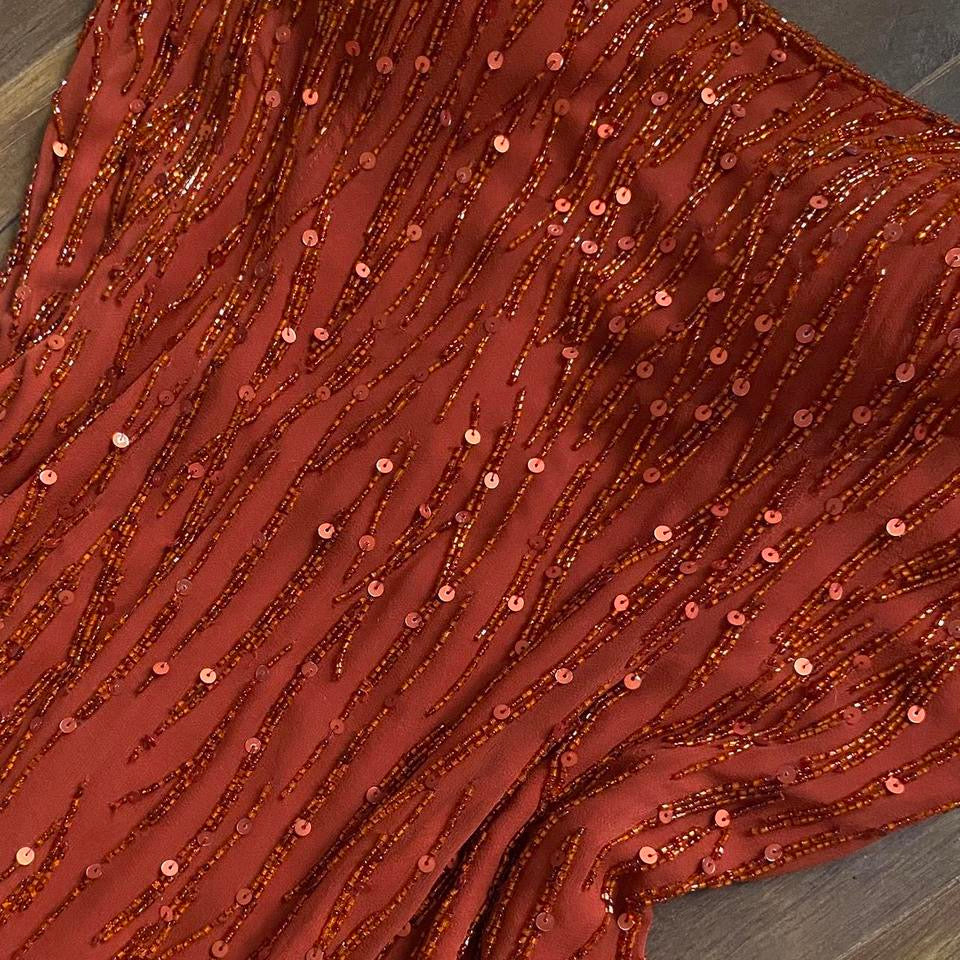 Burnt orange 100% silk beaded/sequin evening dress uk 12-14
