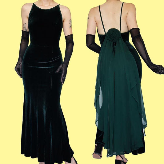 Dark Green Vintage Dave & Johnny Velvet Evening Gown UK 8