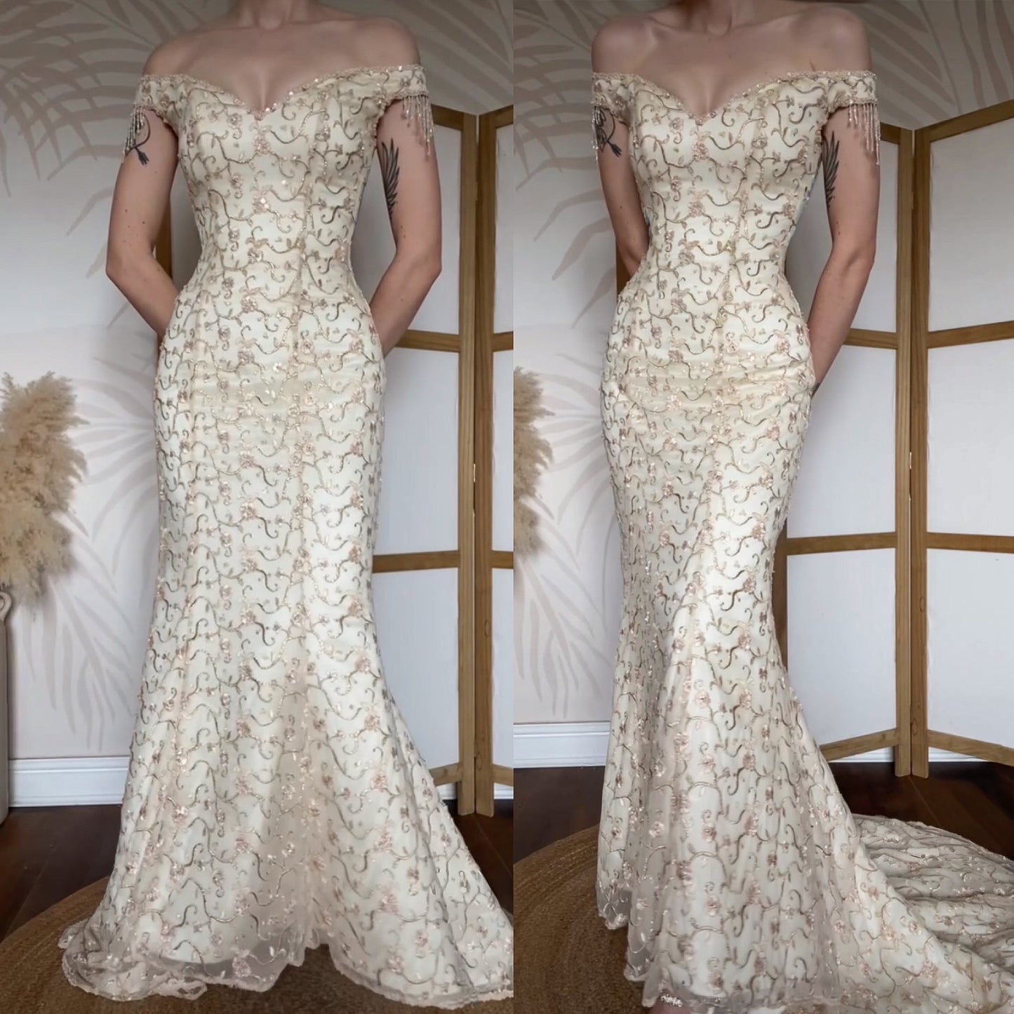 Justin Alexander cream off shoulder embroidered wedding dress uk 8