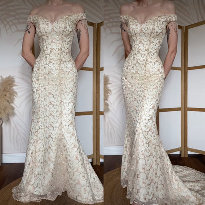 Justin Alexander cream off shoulder embroidered wedding dress uk 8