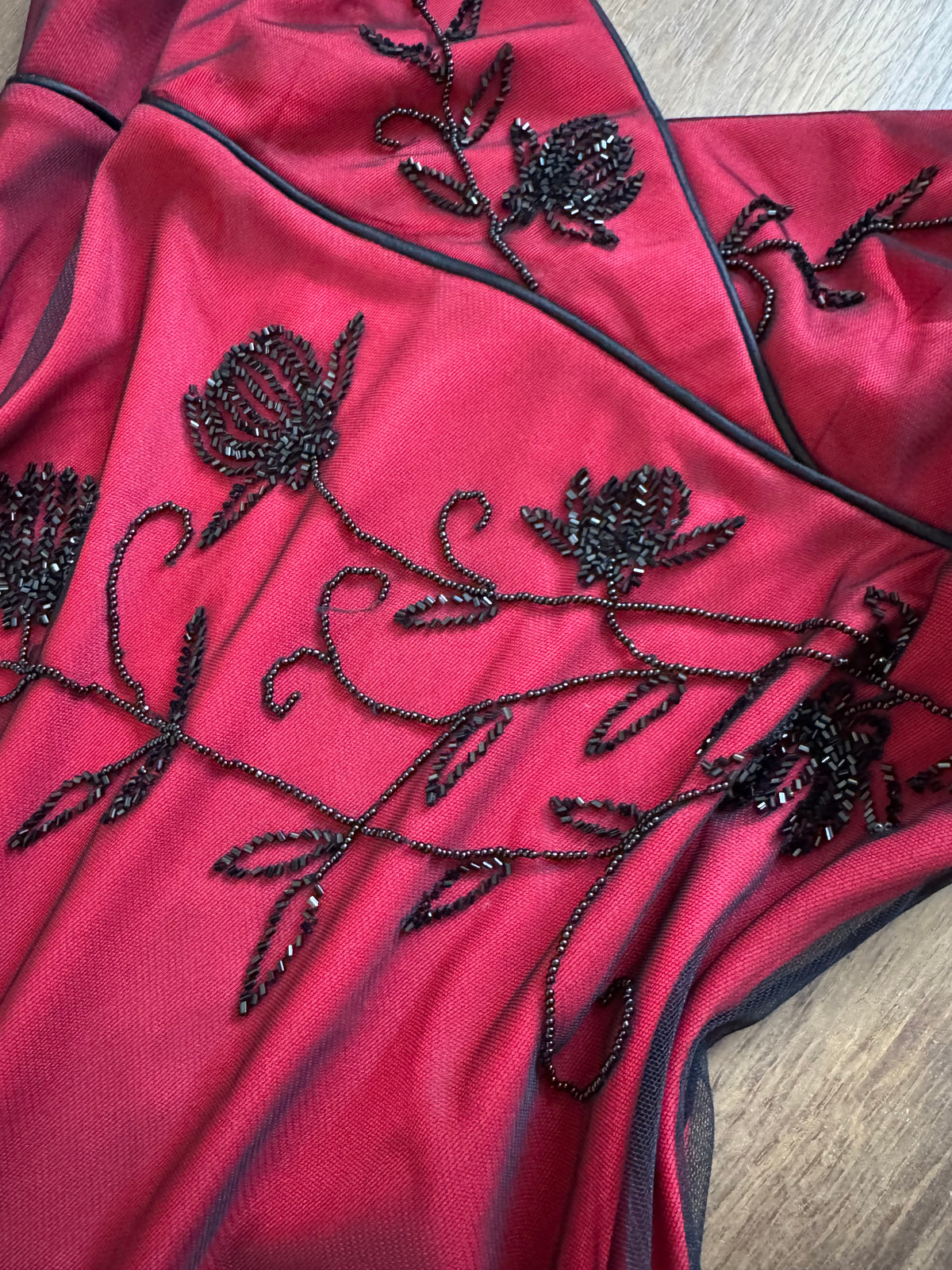 Red stretch beaded evening dress uk 14