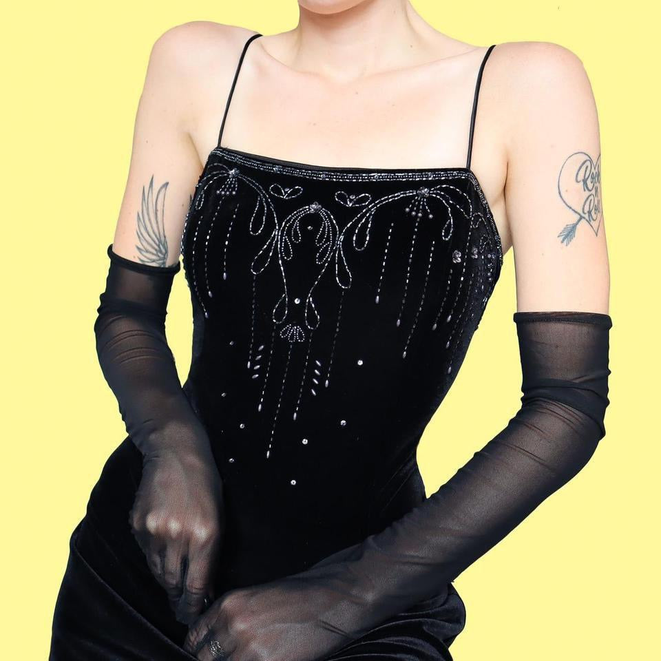 Black velvet Dave & Johnny beaded evening dress UK 14