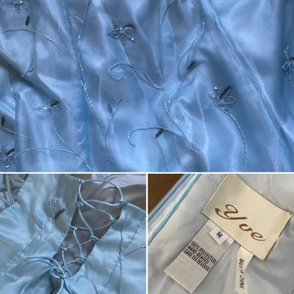 Light blue a-line organza beaded prom dress & shawl UK 12