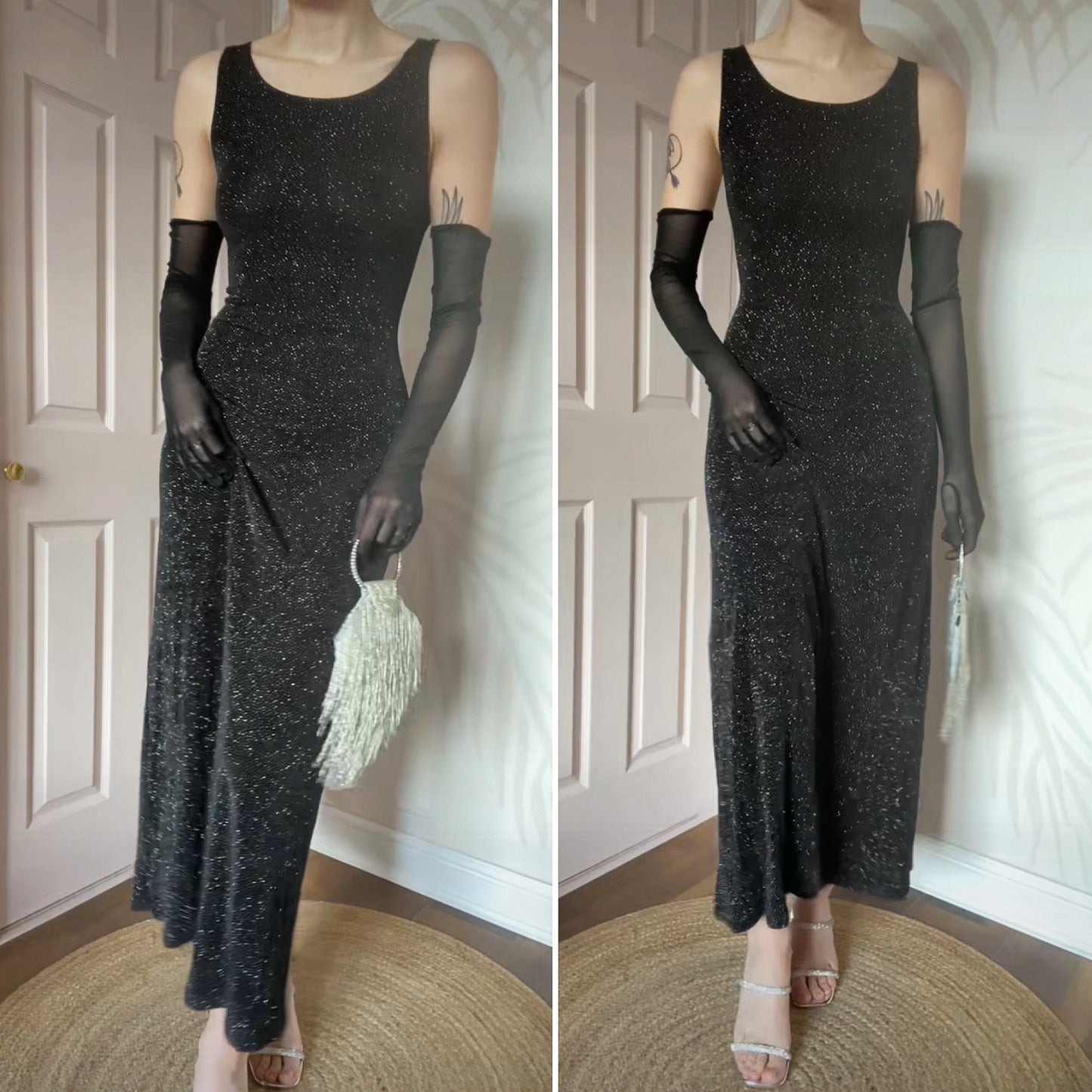 Black glittery stretch 90s evening dress UK 12