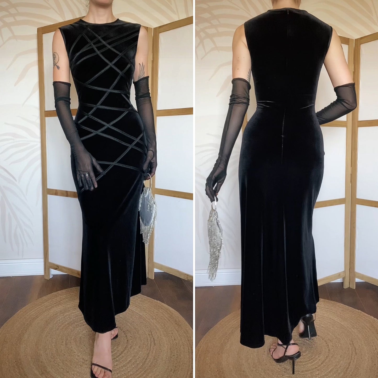 Simon Ellis black velvet stretch evening dress uk 14