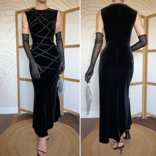 Simon Ellis black velvet stretch evening dress uk 14