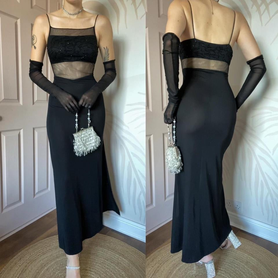 John Charles black sheer waist evening dress UK 12