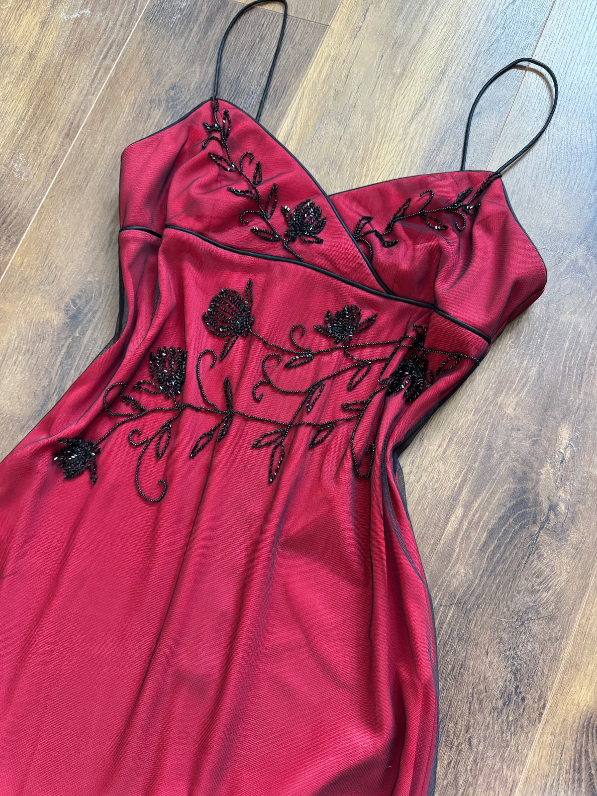 Red stretch beaded evening dress uk 14