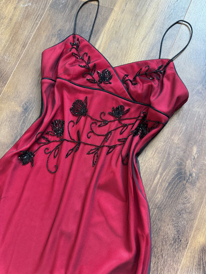 Red stretch beaded evening dress uk 14