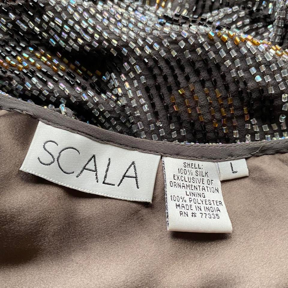 Grey silk leopard beaded evening dress UK 14