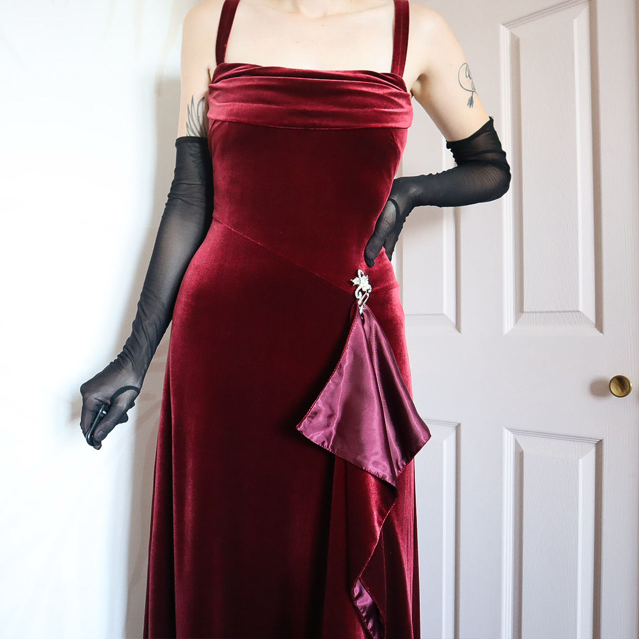 Kaliko red velvet stretch evening gown UK 12