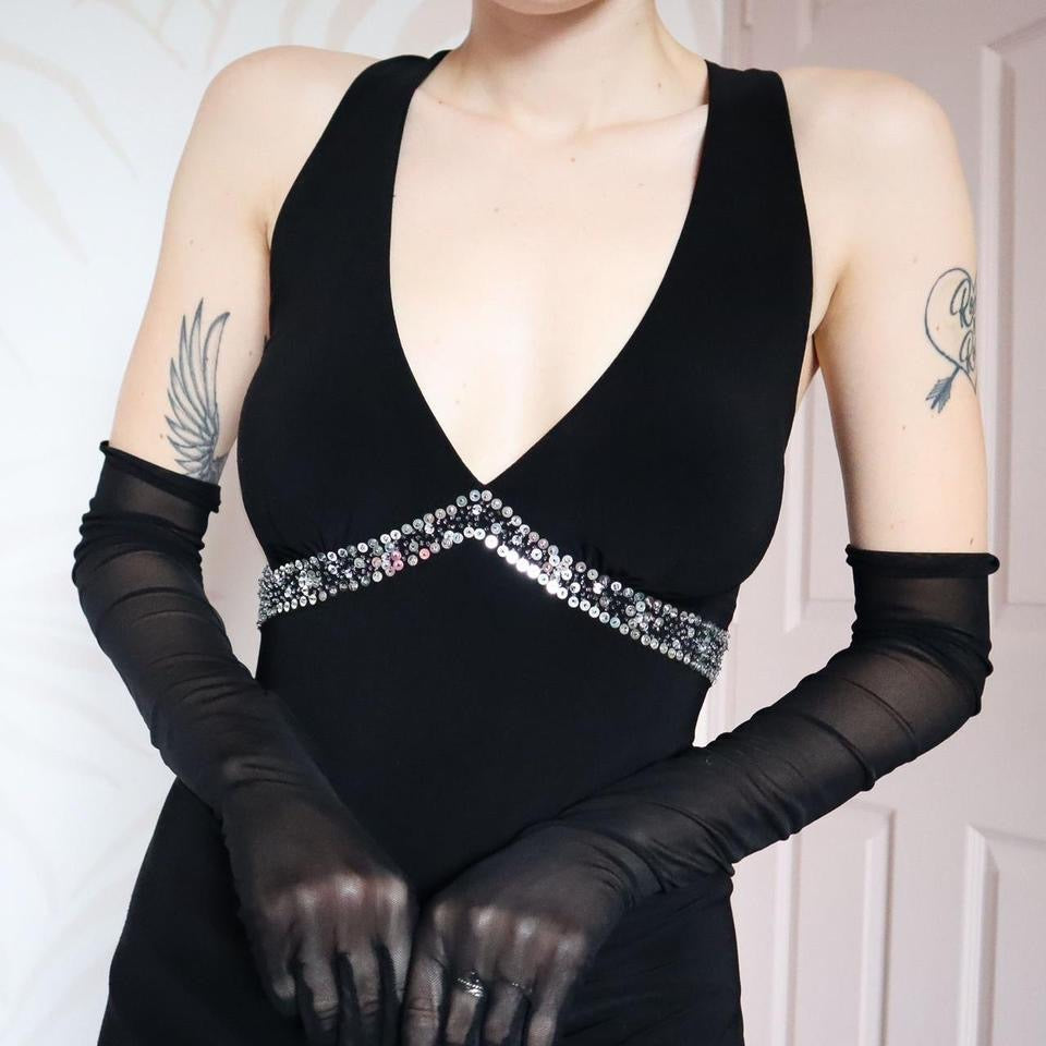 Black stretch open back evening gown UK 12-14